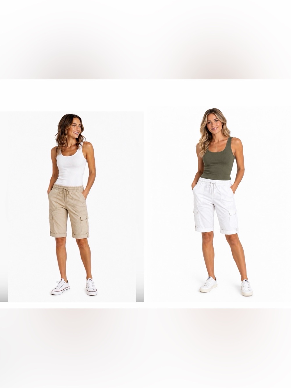 UNIONBAY Beige/ White Drawstring Crop Cargo Shorts Juniors - 2 pack